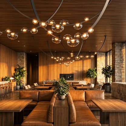 Cinghia leather arc chandeliers over long tables in an upscale restaurant