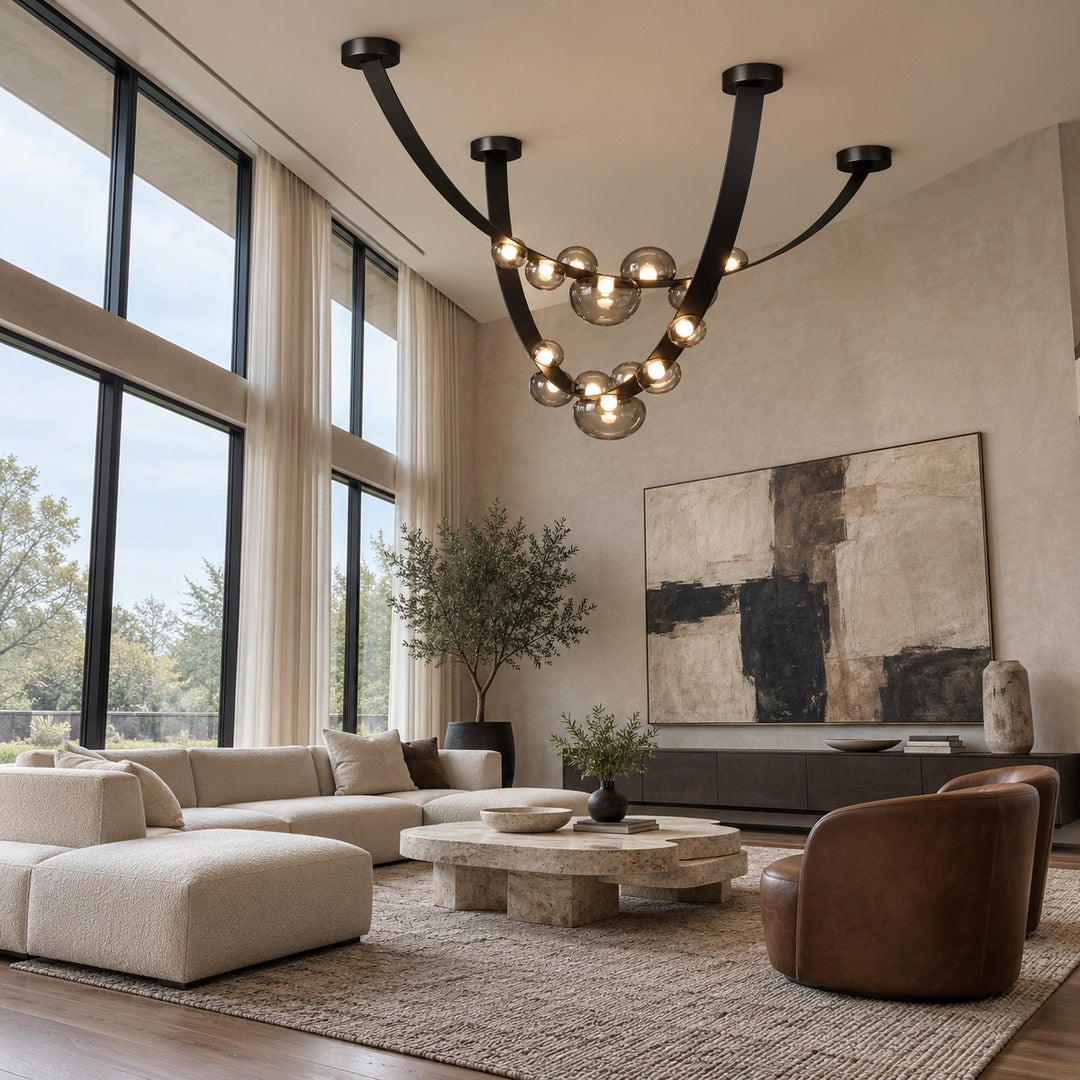 Cinghia leather arc chandelier as a linear statement piece in a modern living room