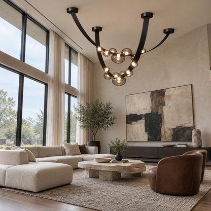 Cinghia leather arc chandelier as a linear statement piece in a modern living room