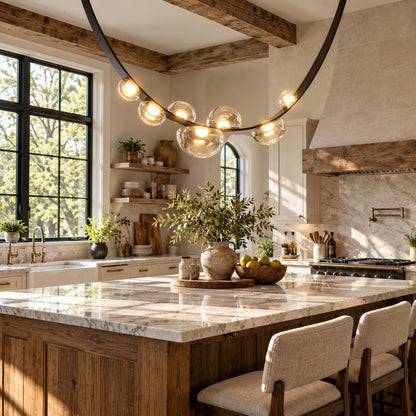 Cinghia leather arc chandelier suspended over a modern kitchen island