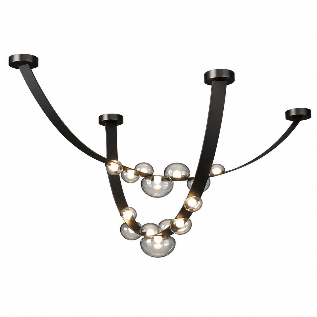 Double strip black and grey Cinghia leather arc chandelier spanning a wide dining table