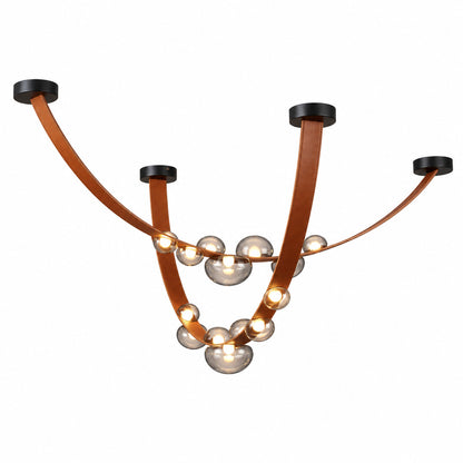 Double strip brown and grey Cinghia leather arc chandelier over a long kitchen island