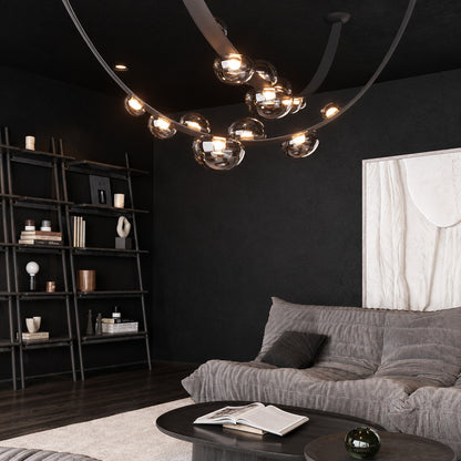 Cinghia leather arc chandelier as a linear statement piece in a modern living room