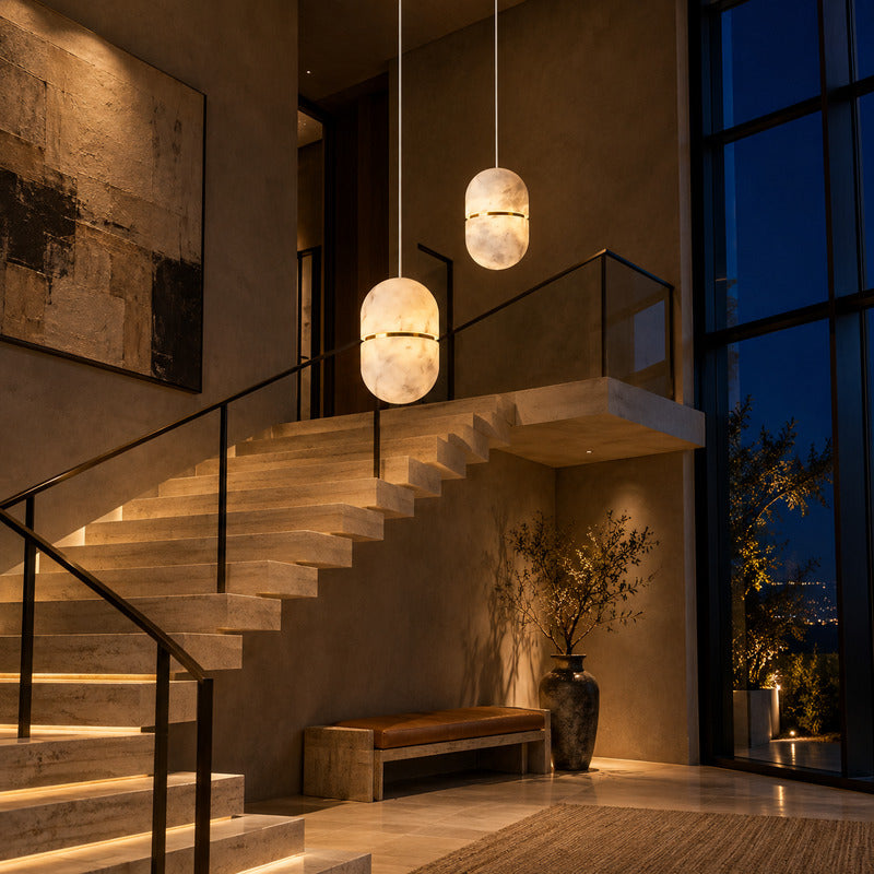 Five-light Ciotola alabaster pendant cascading down an open stairwell
