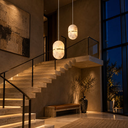 Five-light Ciotola alabaster pendant cascading down an open stairwell