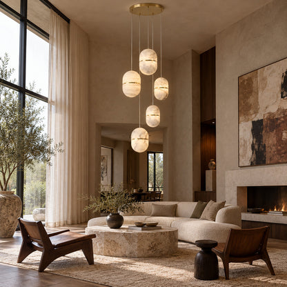 Ciotola alabaster pendant as a warm sculptural accent in a modern living room