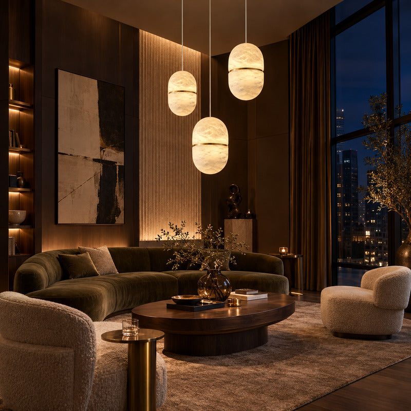 Ciotola alabaster pendant as a warm sculptural accent in a modern living room