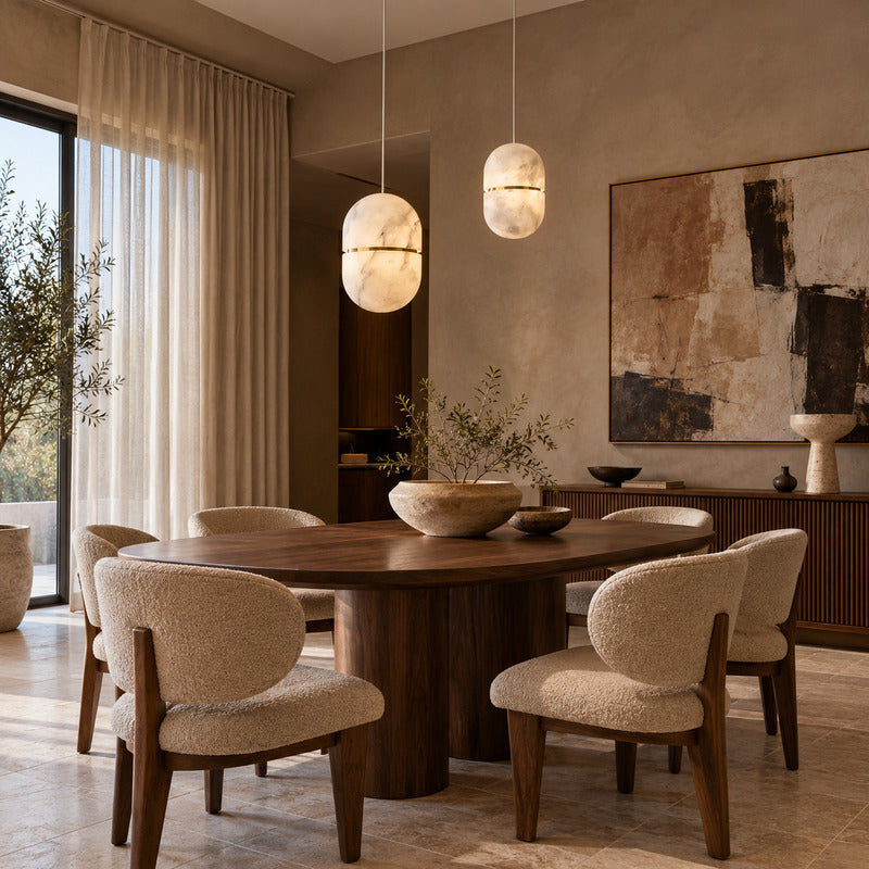 Ciotola alabaster pendant casting a warm glow over an elegant dining table