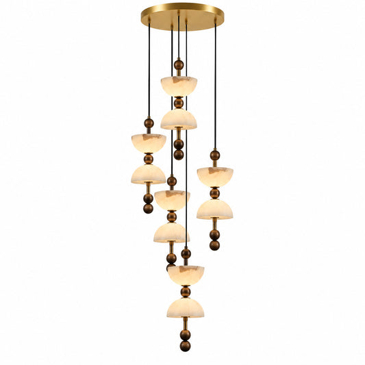 Single Clessidra hourglass pendant with two natural alabaster bowls joined by a gold bead on a white background