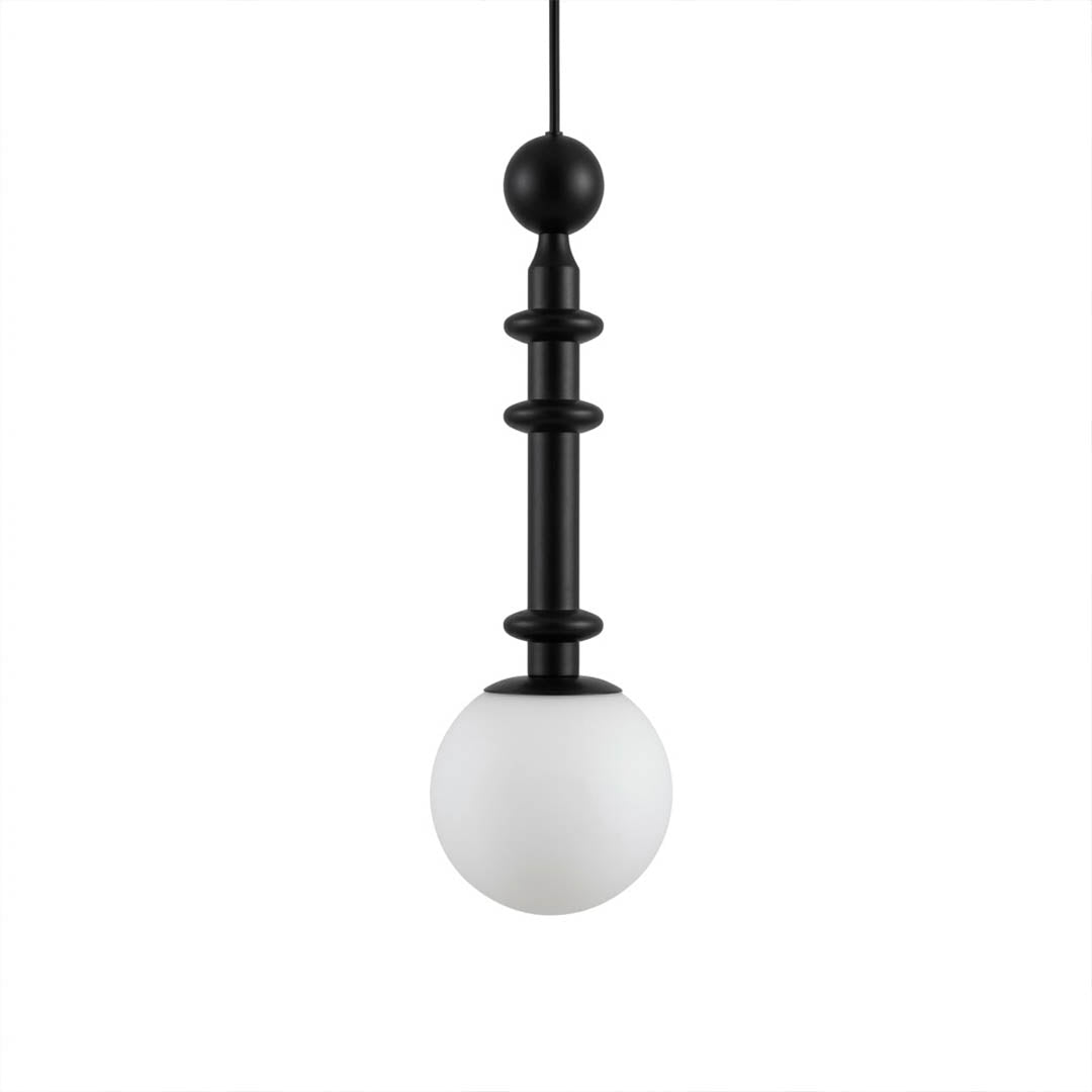 Colette wood column pendant light Black color blown glass shade French country modern graphic 5 inch 19 inch tall white background