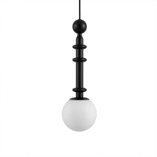 Colette wood column pendant light Black color blown glass shade French country modern graphic 5 inch 19 inch tall white background