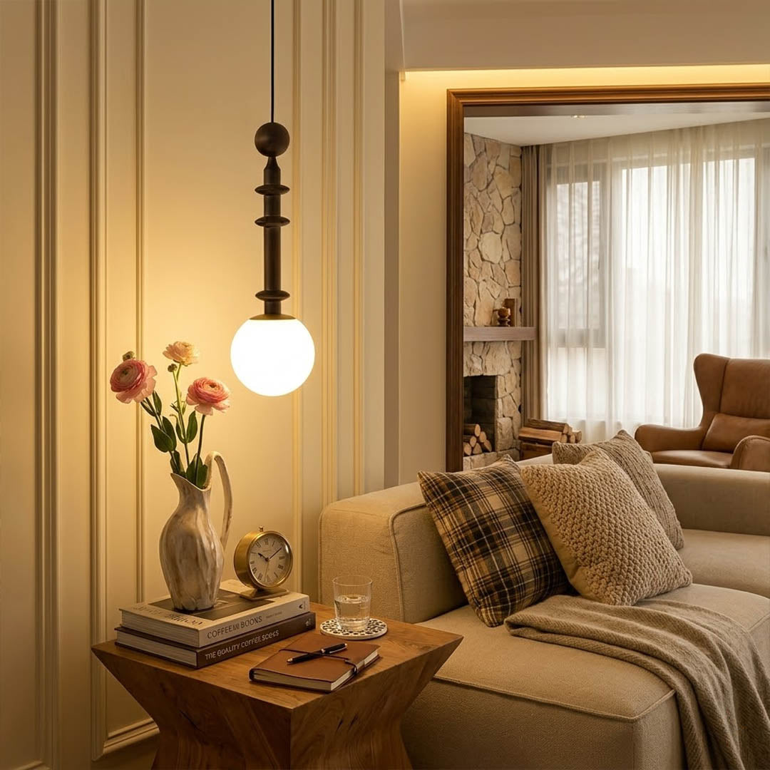 Colette Wood column pendant master bedroom bedside hanging French country romantic warm soft glow interior