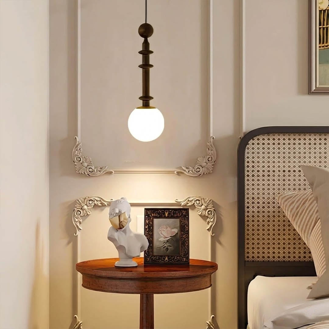 Colette Wood column pendant master bedroom bedside hanging French country romantic warm soft glow interior