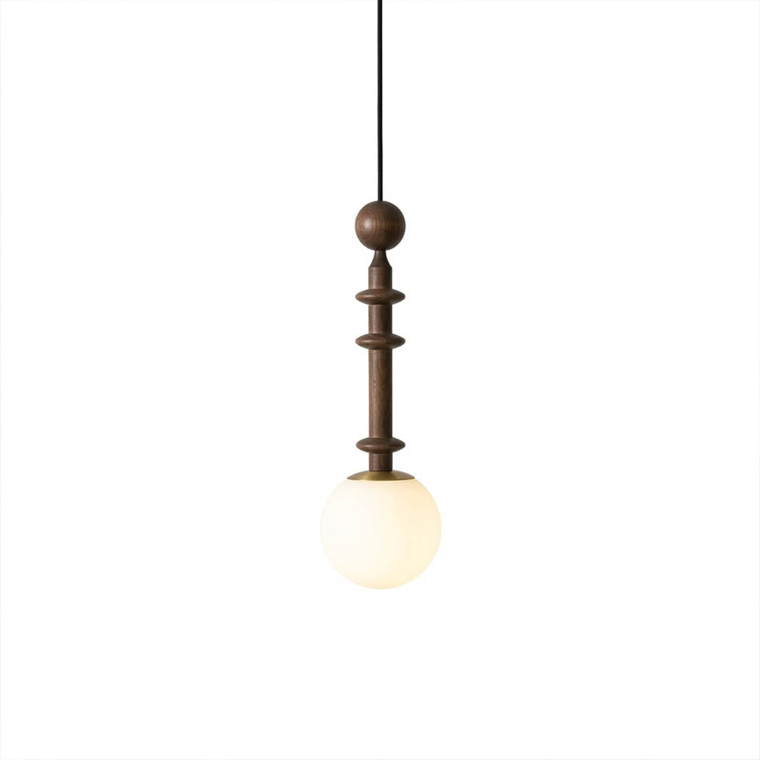Colette wood column pendant light Walnut color blown glass shade French country traditional warm 5 inch 19 inch tall white background