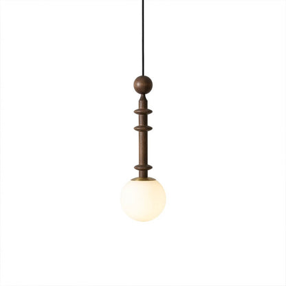 Colette wood column pendant light Walnut color blown glass shade French country traditional warm 5 inch 19 inch tall white background