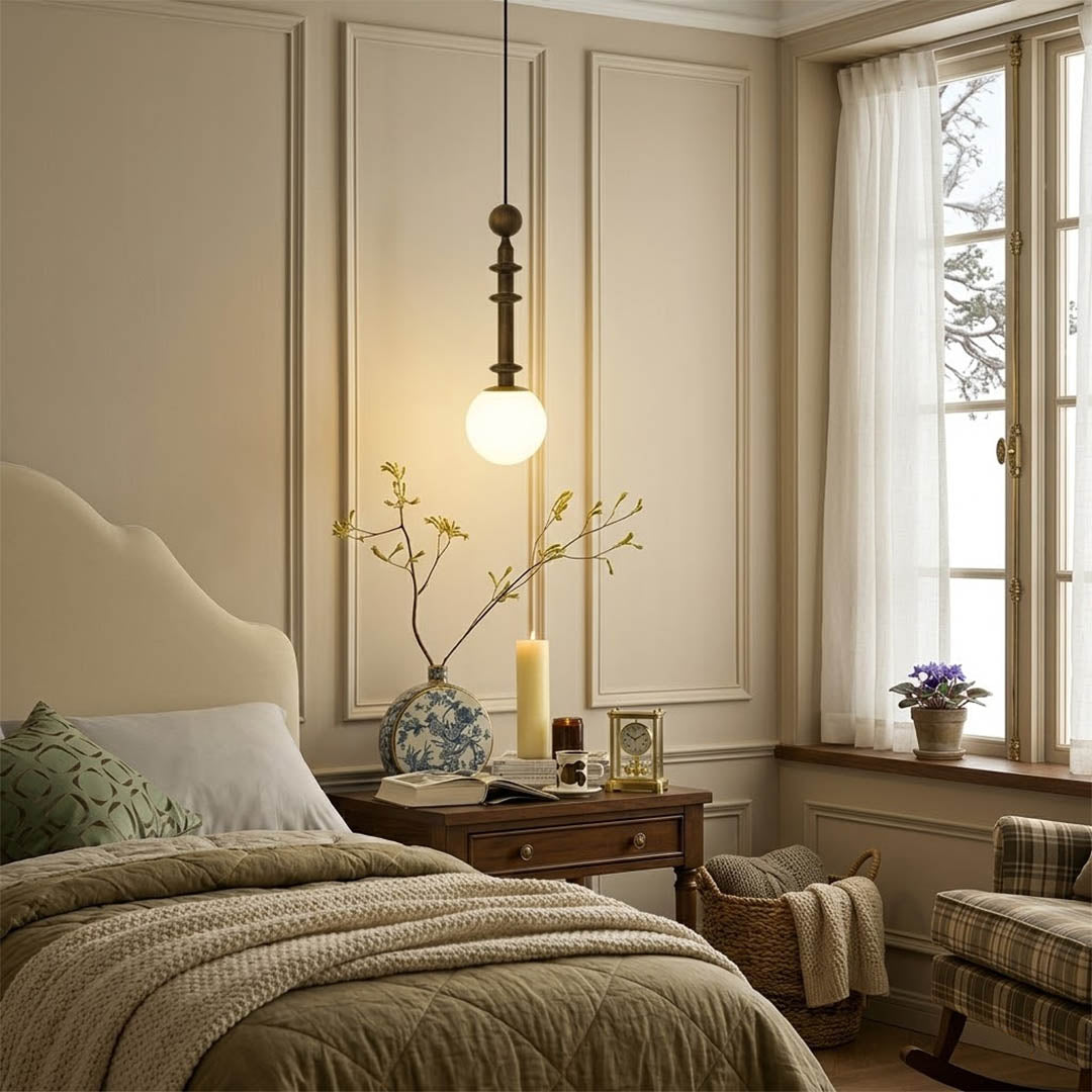 Colette Wood column pendant master bedroom bedside hanging French country romantic warm soft glow interior