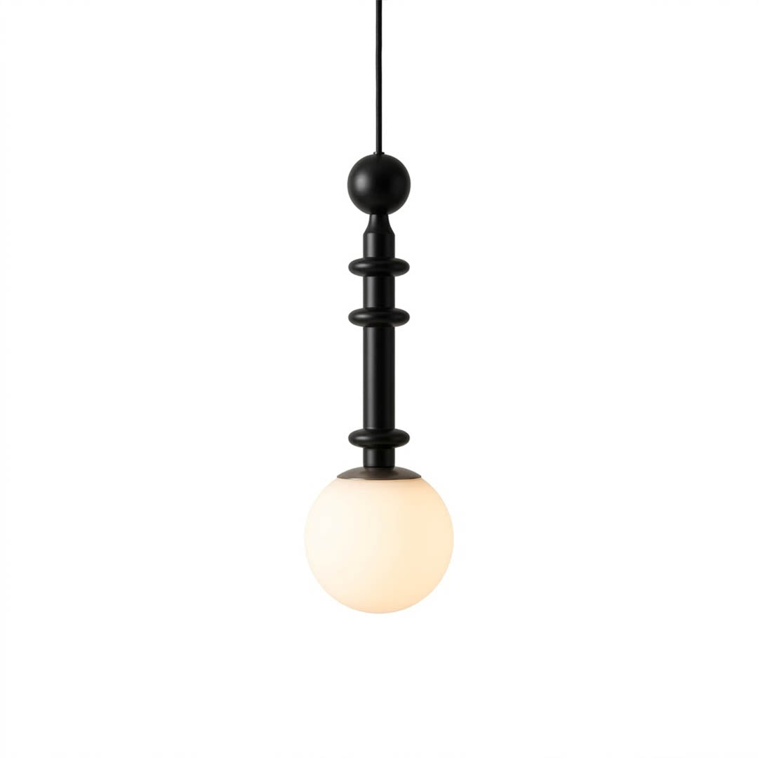 Colette wood column pendant light Black color blown glass shade French country modern graphic 5 inch 19 inch tall white background