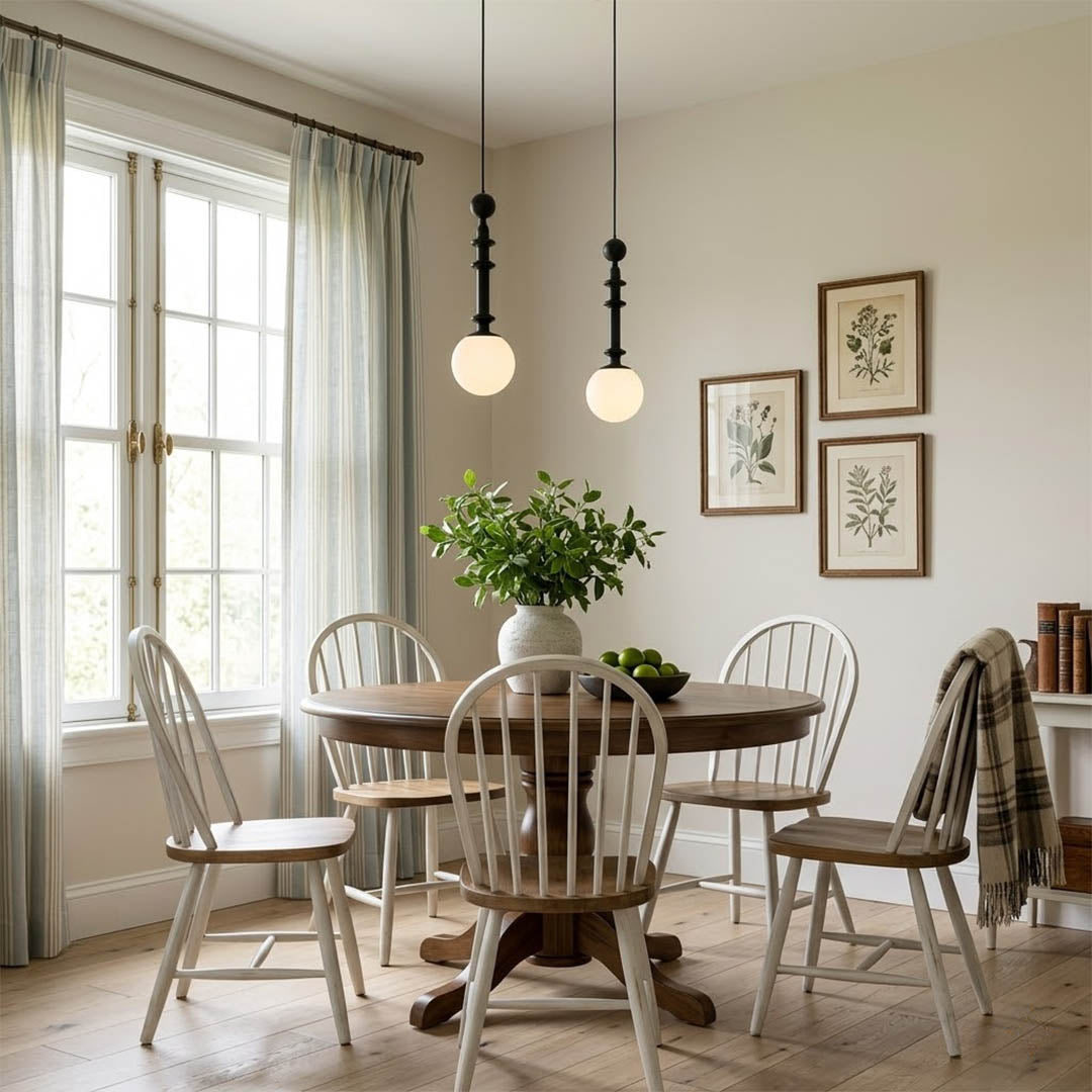 Colette Wood color pendant above French country dining room vintage elegance white walls warm Edison glow Provence interior