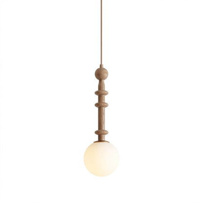 Colette wood column pendant light Wood color blown glass shade French country retro vintage 5 inch 19 inch tall white background