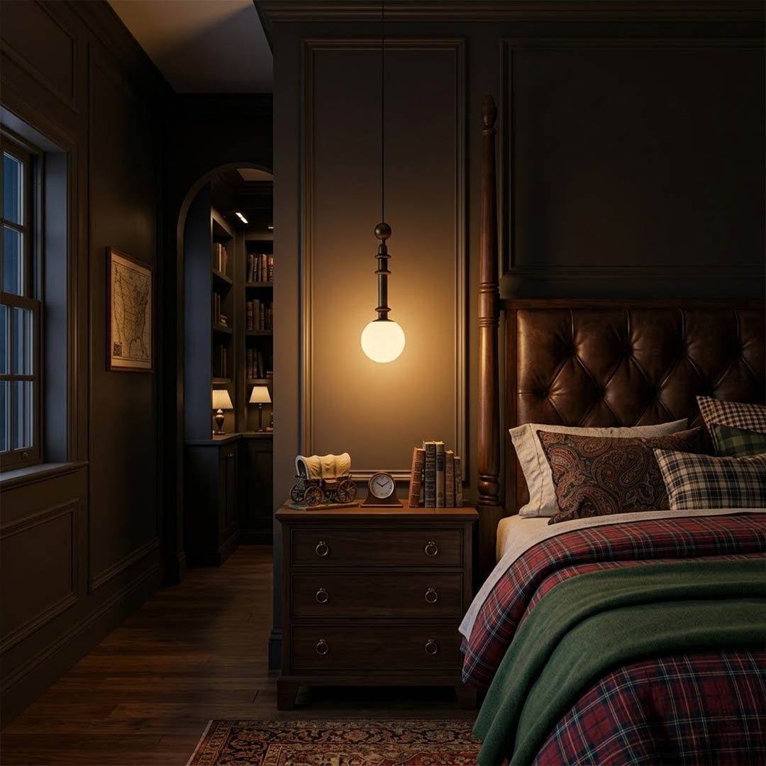 Colette Wood column pendant master bedroom bedside hanging French country romantic warm soft glow interior