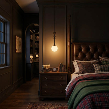 Colette Wood column pendant master bedroom bedside hanging French country romantic warm soft glow interior