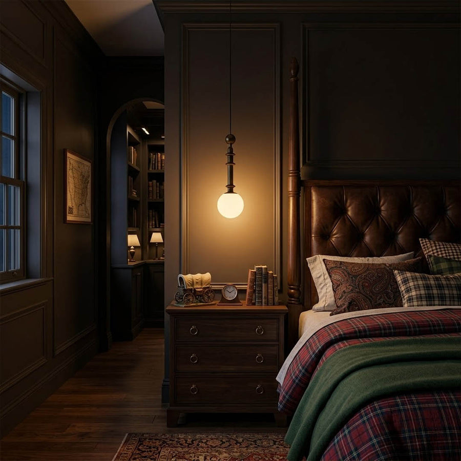 Colette Wood column pendant master bedroom bedside hanging French country romantic warm soft glow interior
