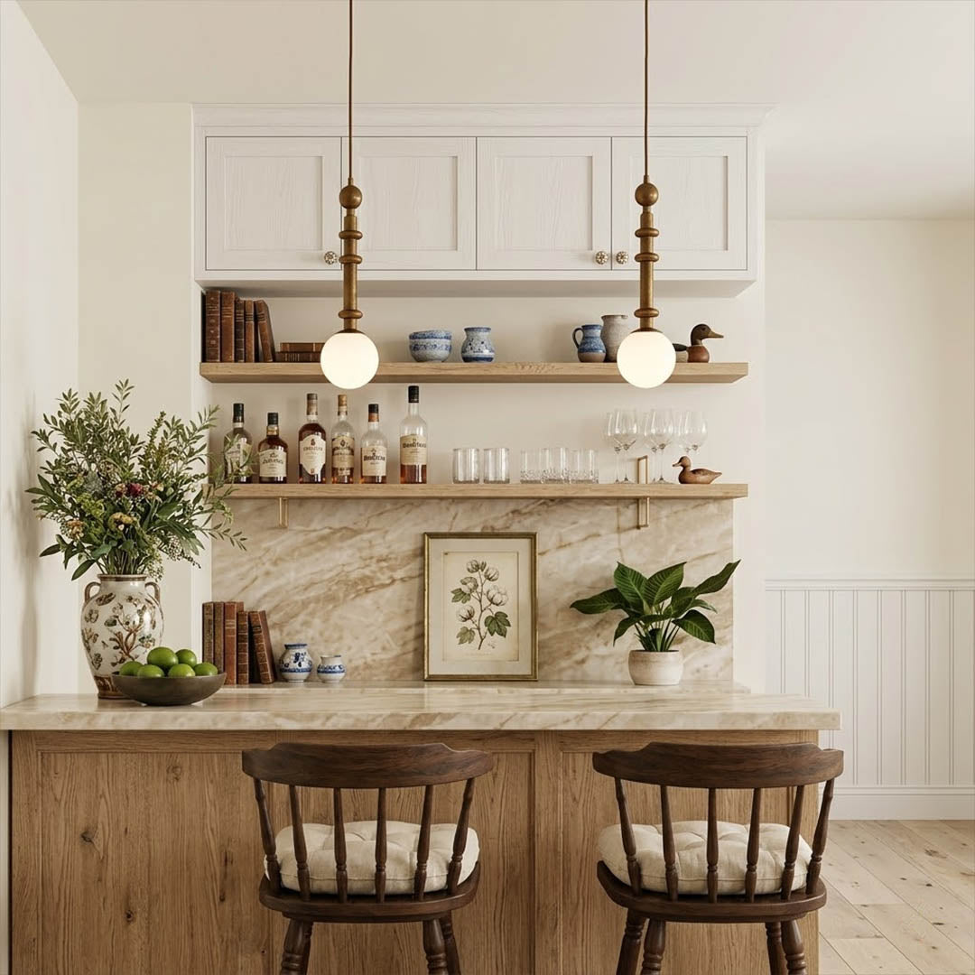 Colette Wood color pendant above French country dining room vintage elegance white walls warm Edison glow Provence interior