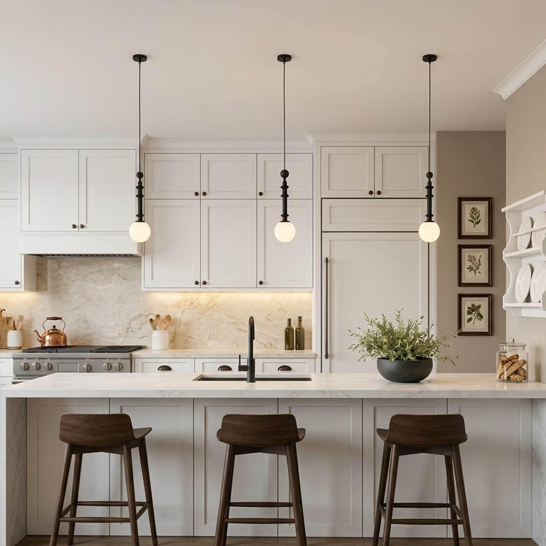 Colette Walnut color column pendant trio three lights above kitchen island French country warm traditional interior
