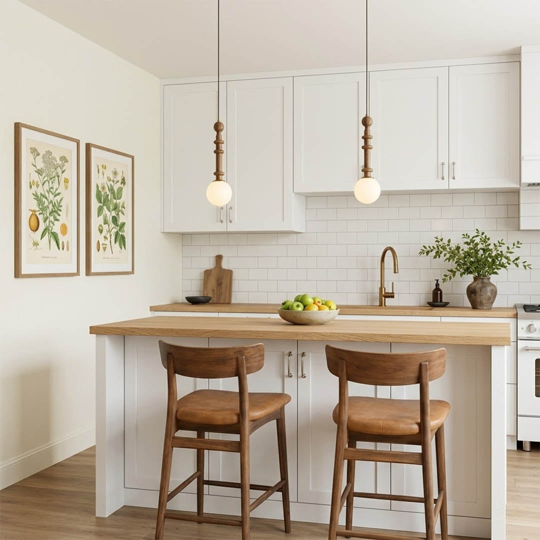 Colette Walnut color column pendant trio three lights above kitchen island French country warm traditional interior
