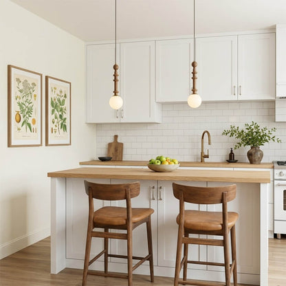 Colette Walnut color column pendant trio three lights above kitchen island French country warm traditional interior