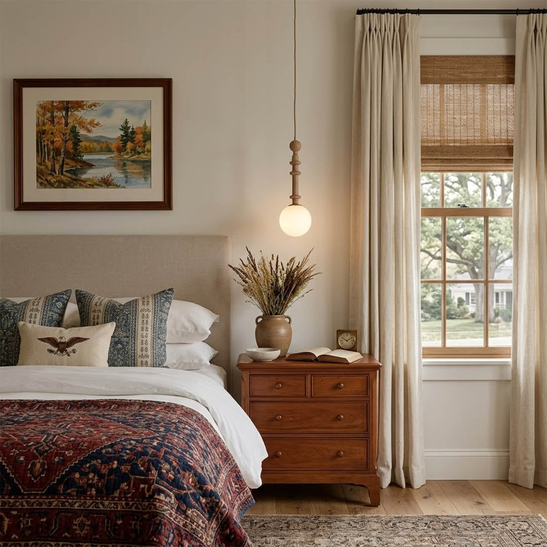 Colette Wood column pendant master bedroom bedside hanging French country romantic warm soft glow interior