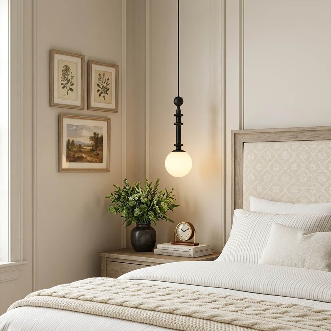 Colette Wood column pendant master bedroom bedside hanging French country romantic warm soft glow interior