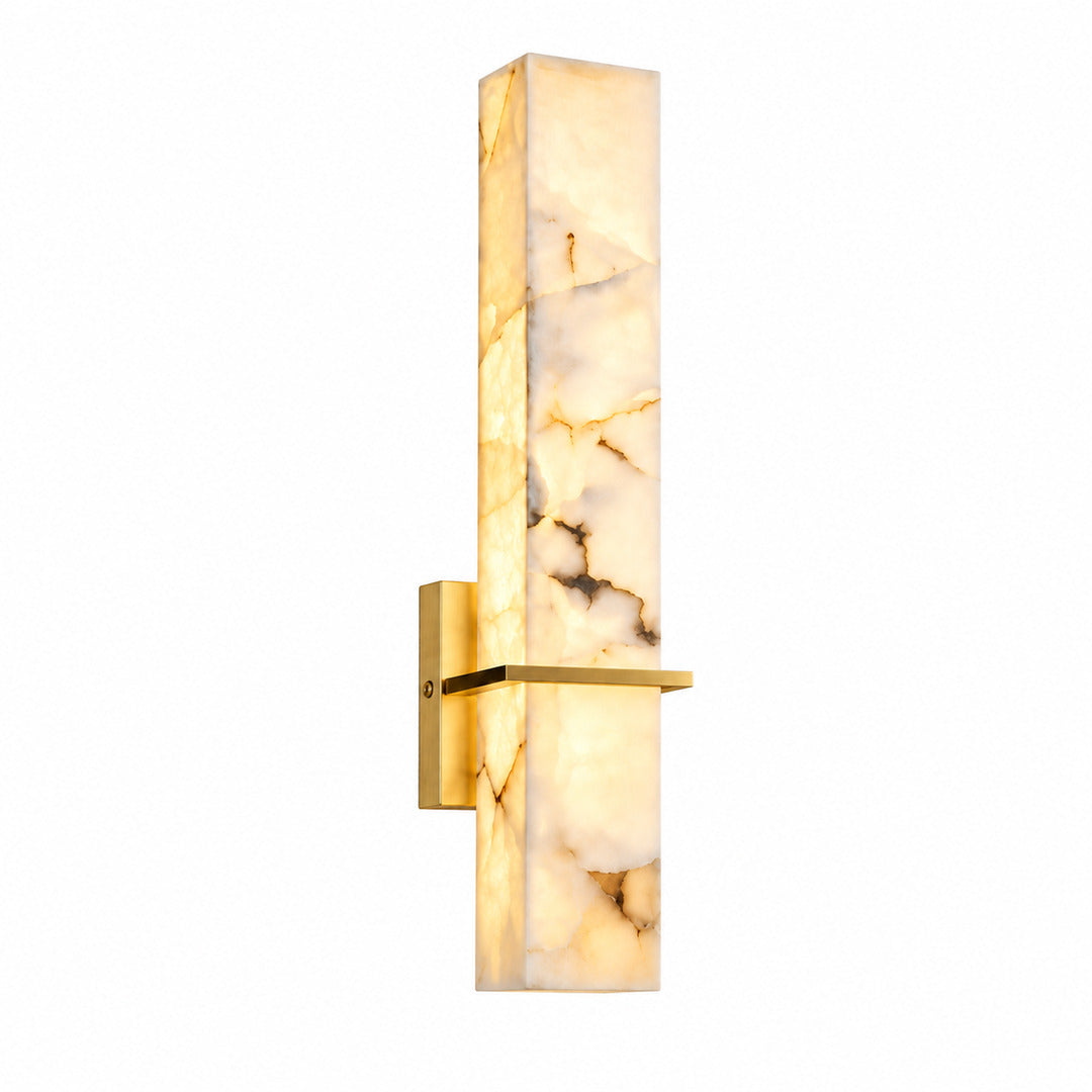 Colonna wall sconce with vertical natural alabaster cylinder and metal band on a white background
