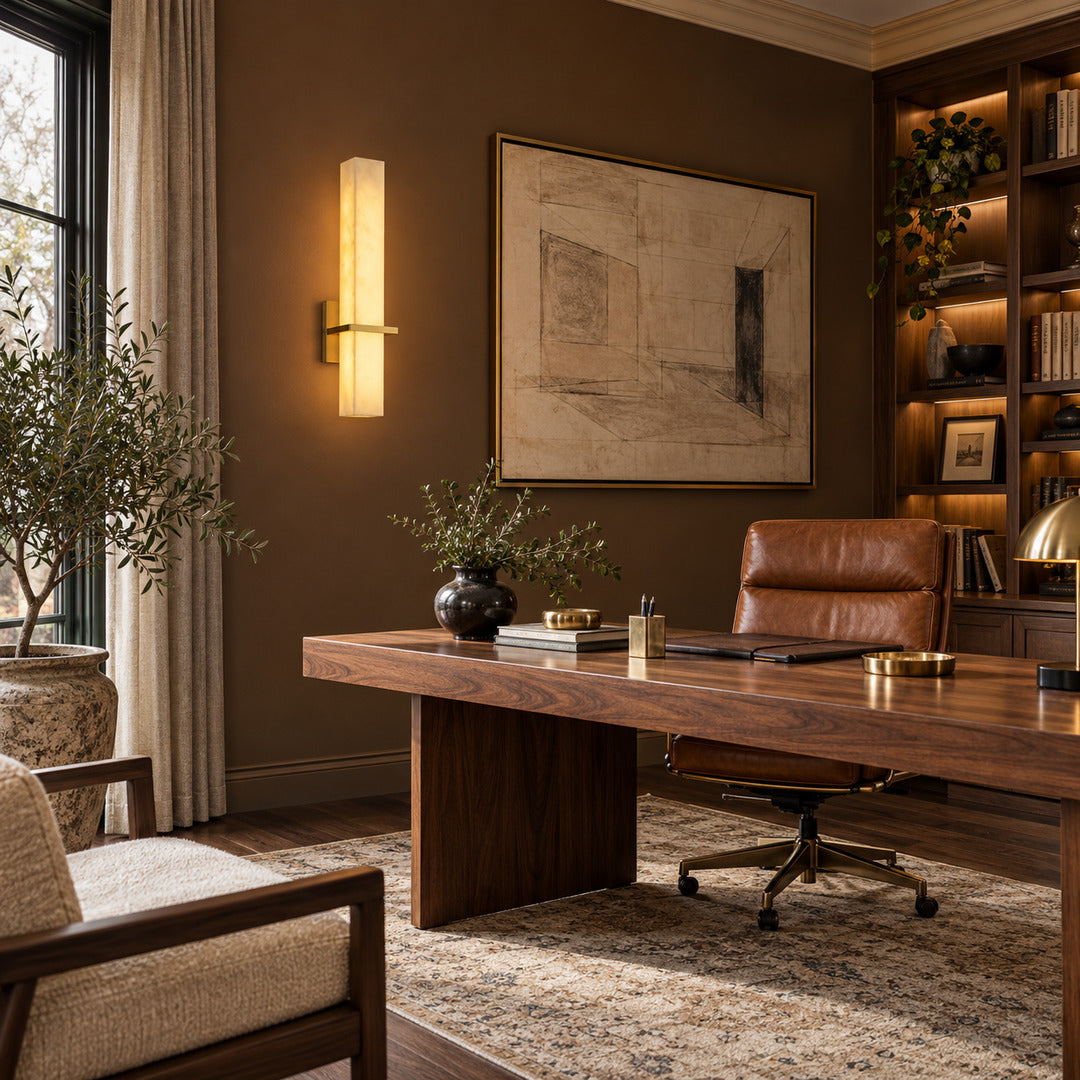 Colonna alabaster wall sconces in a mid-century modern commercial lobby
