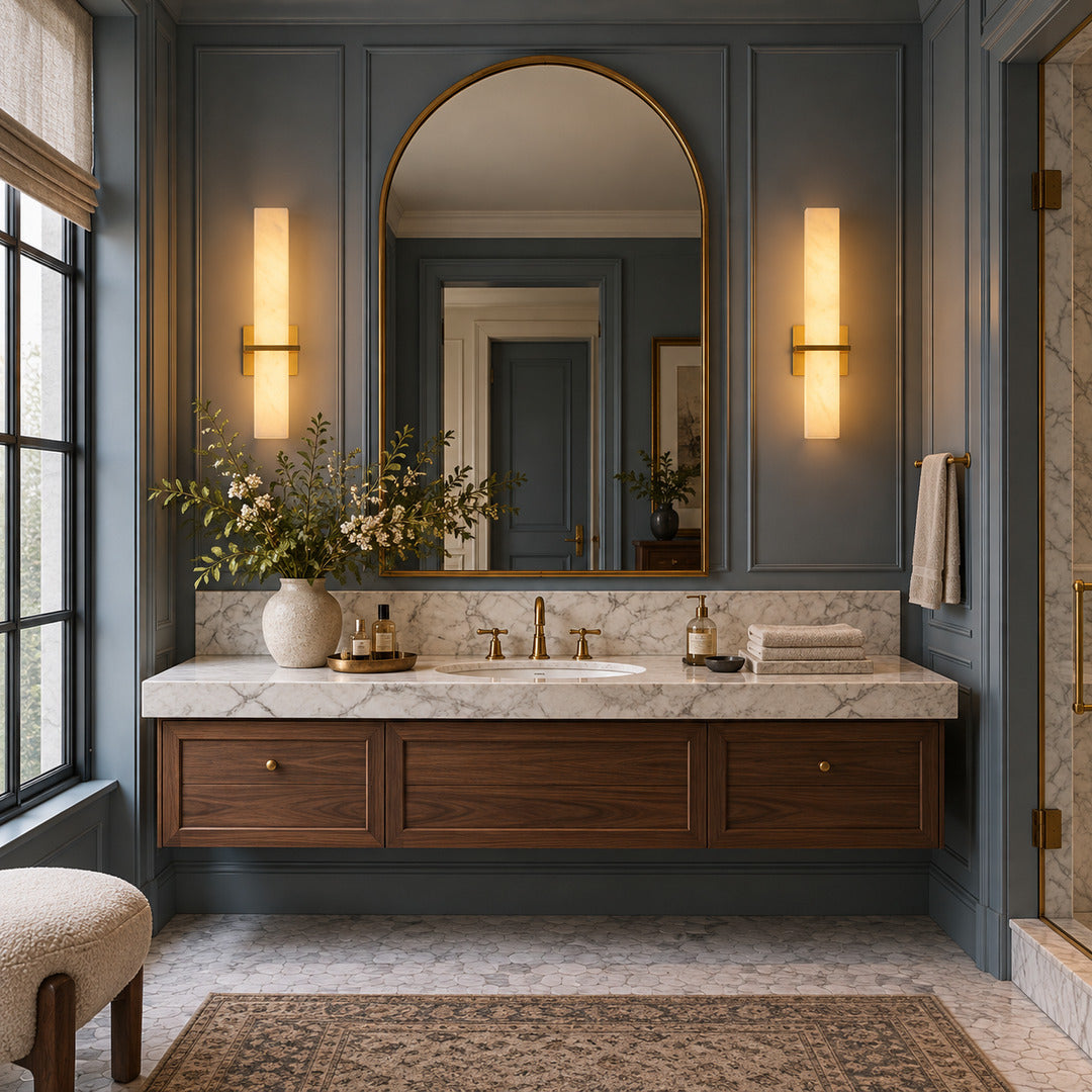 Colonna alabaster wall sconces beside the mirror in a narrow powder room