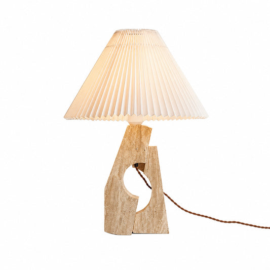 Colonna travertine table lamp yellow travertine stone pillar base white fabric shade sculptural minimalist white background front view