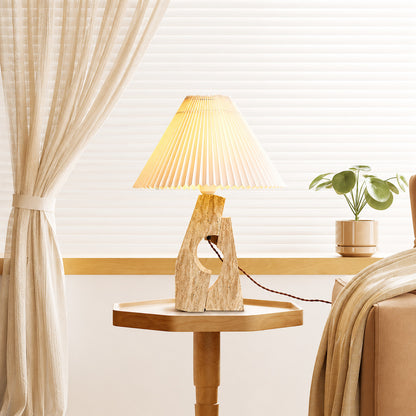 Colonna travertine table lamp living room side table warm glow natural travertine stone fabric sculptural minimalist American home lifestyle interior styled