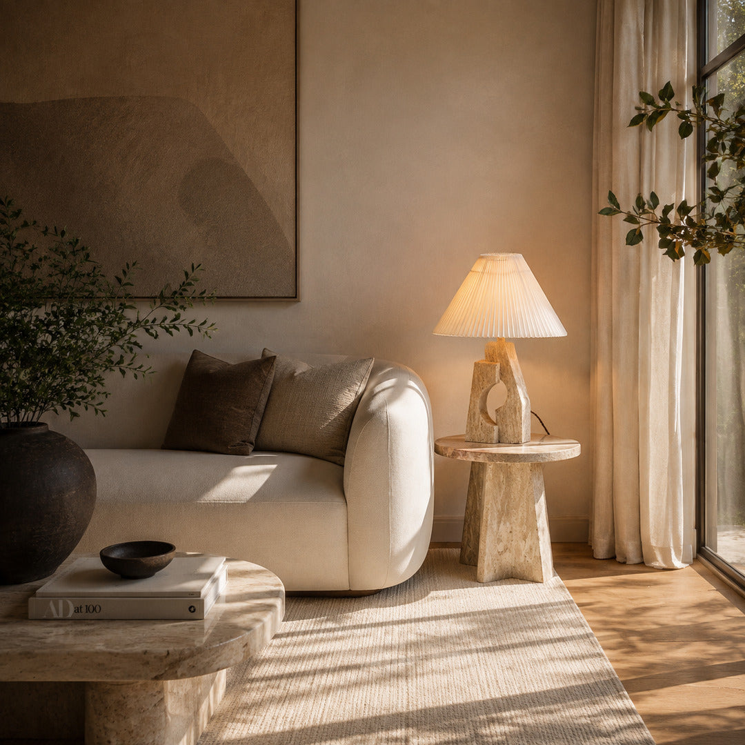 Colonna travertine table lamp living room side table warm glow natural travertine stone fabric sculptural minimalist American home lifestyle interior styled