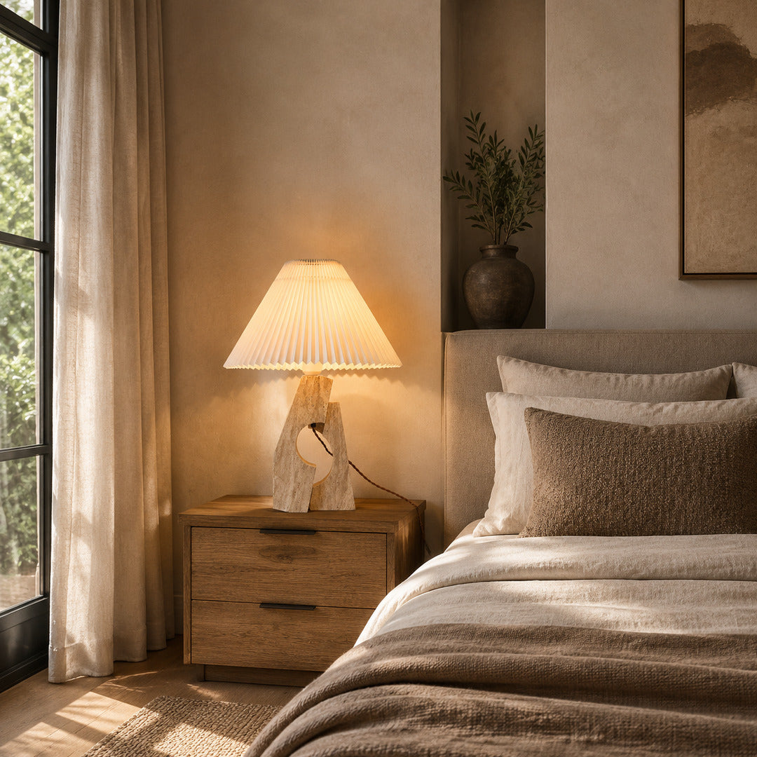 Colonna travertine table lamp bedroom nightstand bedside warm glow travertine stone fabric cozy American home lifestyle interior styled