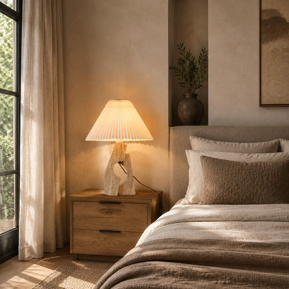 Colonna travertine table lamp bedroom nightstand bedside warm glow travertine stone fabric cozy American home lifestyle interior styled