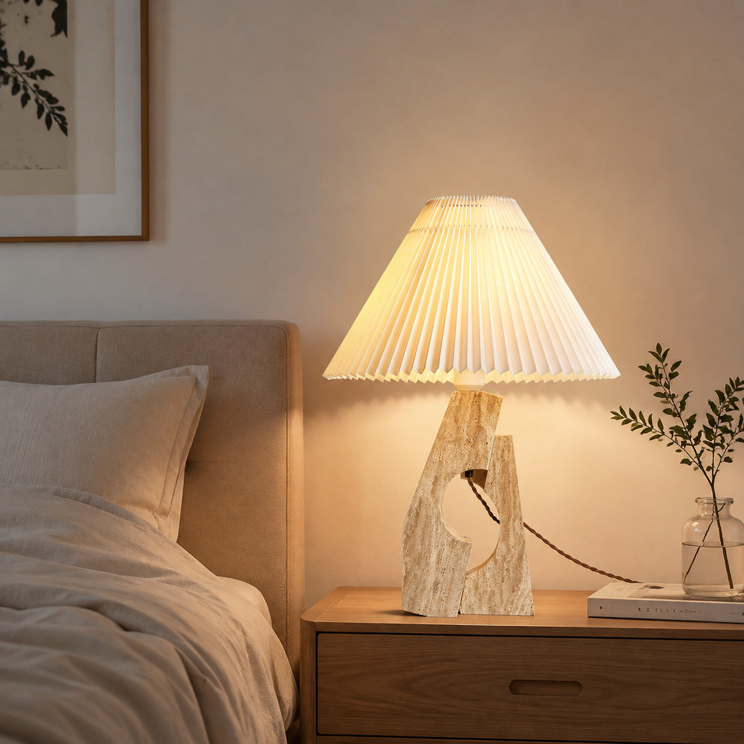 Colonna travertine table lamp bedroom nightstand bedside warm glow travertine stone fabric cozy American home lifestyle interior styled