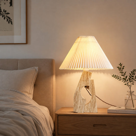 Colonna travertine table lamp bedroom nightstand bedside warm glow travertine stone fabric cozy American home lifestyle interior styled