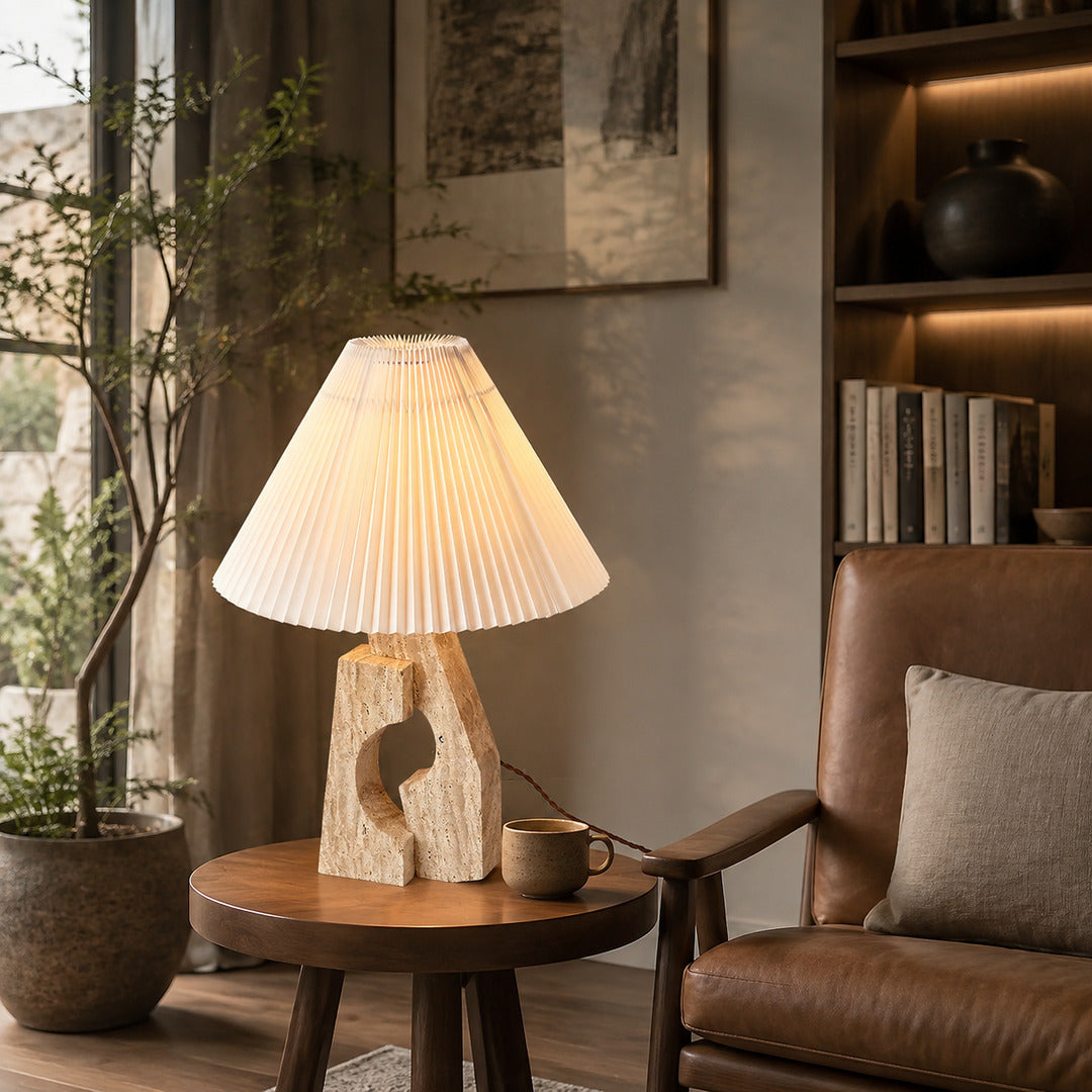 Colonna travertine table lamp study desk warm glow travertine stone fabric Japandi American home lifestyle interior styled