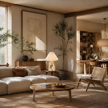 Colonna travertine table lamp living room beside sofa warm glow travertine stone fabric American home lifestyle interior styled