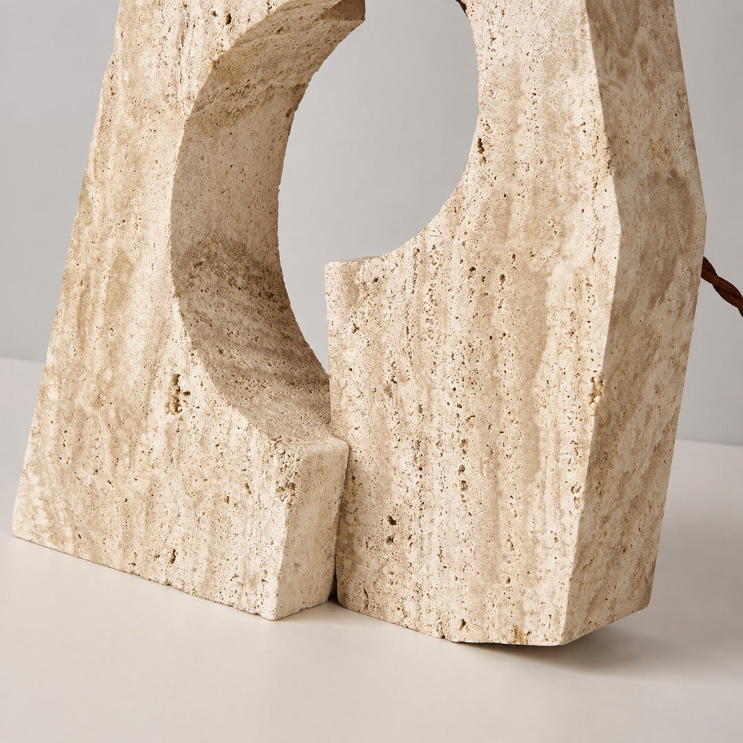 Colonna travertine table lamp yellow travertine natural stone veining porous texture pillar detail close up unique