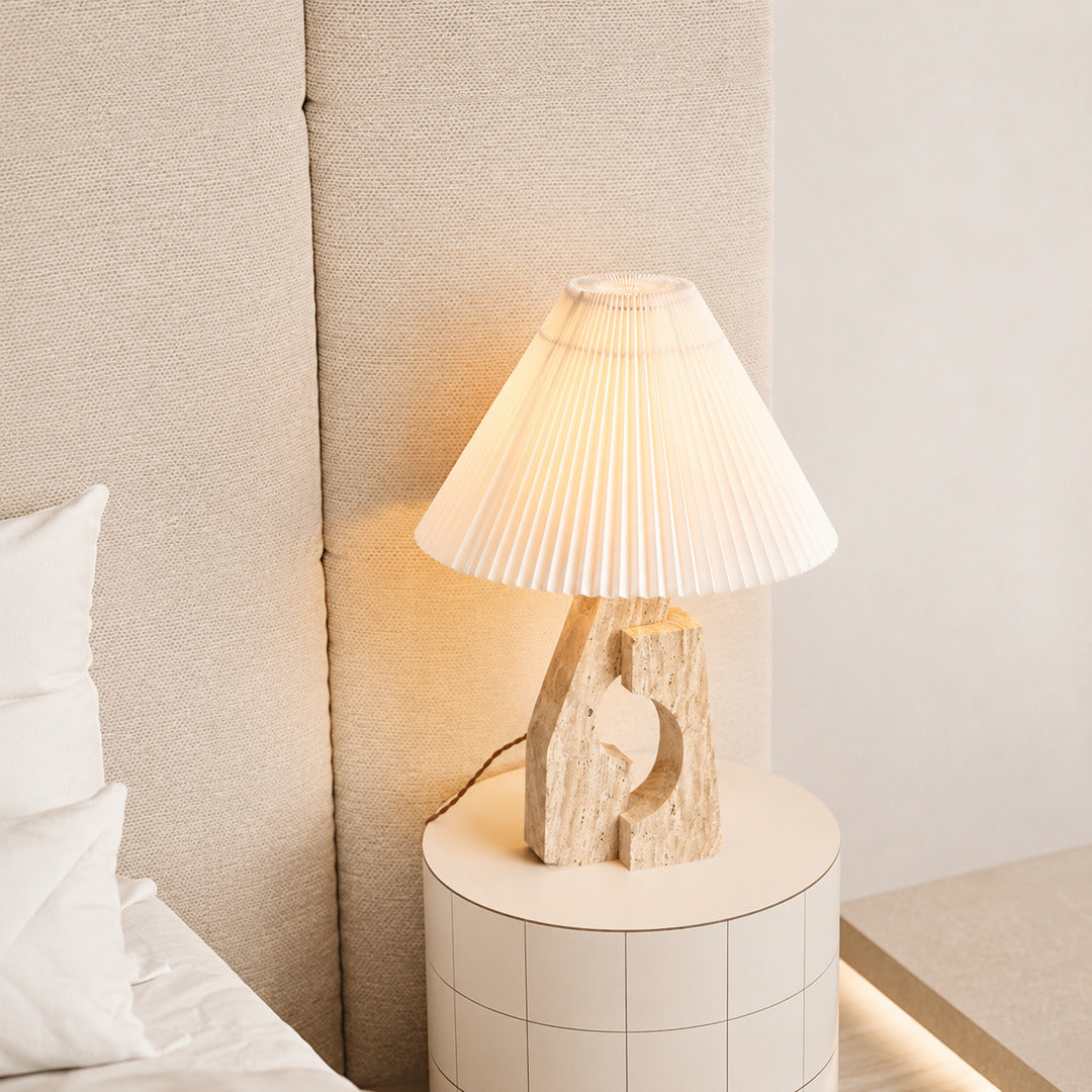 Colonna travertine table lamp bedroom nightstand bedside warm glow travertine stone fabric cozy American home lifestyle interior styled