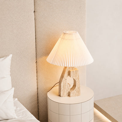 Colonna travertine table lamp bedroom nightstand bedside warm glow travertine stone fabric cozy American home lifestyle interior styled
