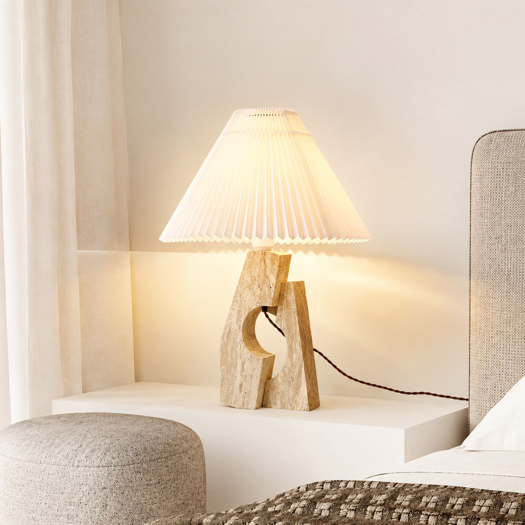 Colonna travertine table lamp bedroom nightstand bedside warm glow travertine stone fabric cozy American home lifestyle interior styled