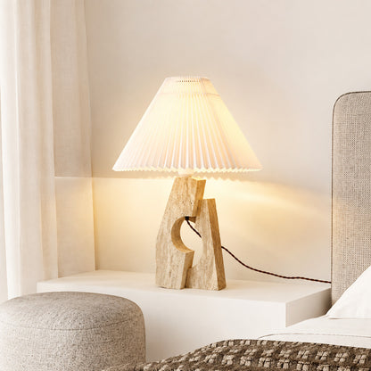 Colonna travertine table lamp bedroom nightstand bedside warm glow travertine stone fabric cozy American home lifestyle interior styled