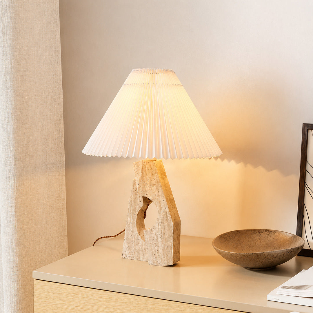Colonna travertine table lamp study desk warm glow travertine stone fabric Japandi American home lifestyle interior styled